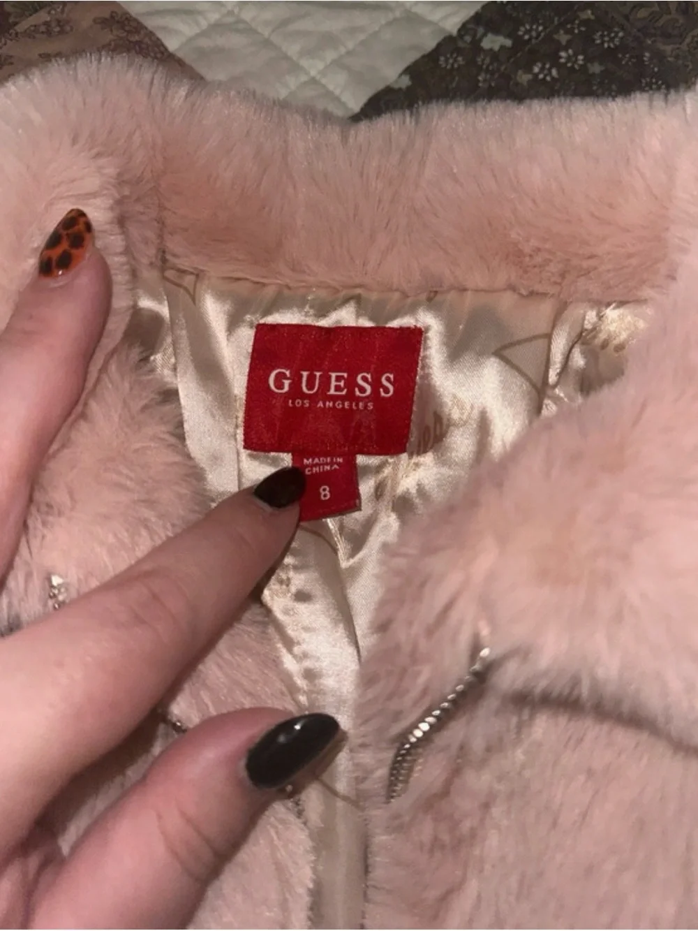 GUESS Blush Pink Faux-Fur Teddy Jacket with Zip